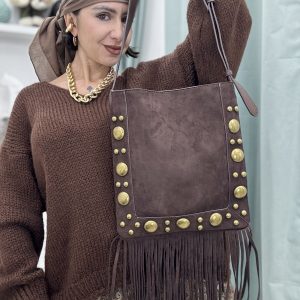 Borsa a spalla con frange e  tracolla regolabile in similpelle e Alcantara
