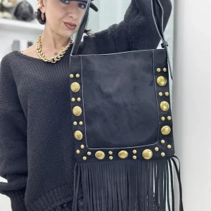 Borsa a spalla con frange e  tracolla regolabile in similpelle e Alcantara
