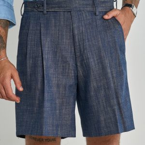 Bermuda Cinta Lunga con Passanti 100% Cotone Effetto Denim Scuro