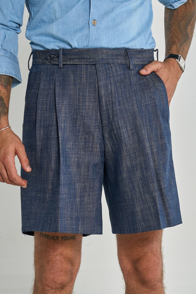 Bermuda Cinta Lunga con Passanti 100% Cotone Effetto Denim Scuro - immagine 2