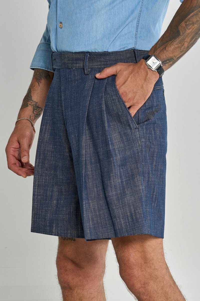 Bermuda Cinta Lunga con Passanti 100% Cotone Effetto Denim Scuro - immagine 3