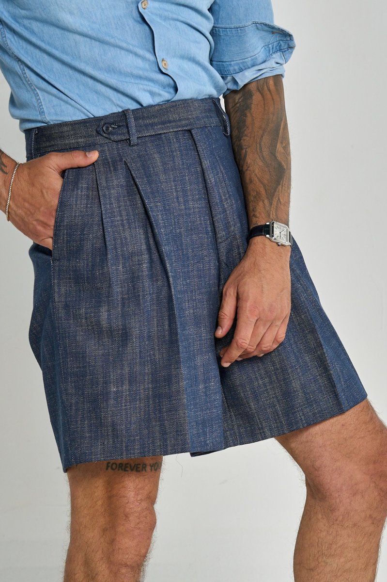 Bermuda Cinta Lunga con Passanti 100% Cotone Effetto Denim Scuro - immagine 4