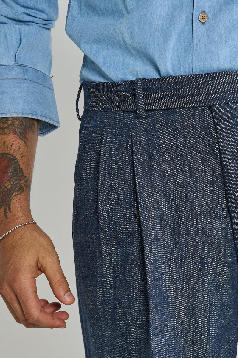 Bermuda Cinta Lunga con Passanti 100% Cotone Effetto Denim Scuro - immagine 5