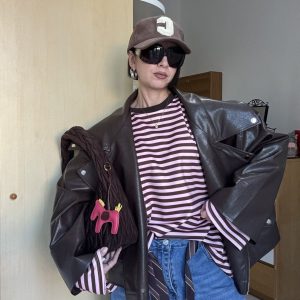 Giubbino donna oversize in similpelle marrone modello chiodo – Big Size