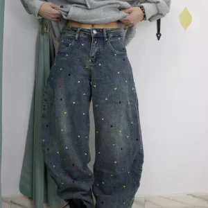 Pantalone ballon blu scuro sabbiato con cuori ricamati colorati – XS–L elasticizzato (guida alle taglie nei dettagli)