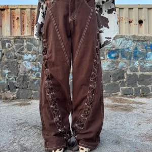 Pantalone Balloon in Denim Marrone – Stile Coachella con Lacci Intrecciat