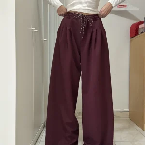 Pantalone Donna Palazzo in gabardine in lana – Modello Casual con Pinces e Coulisse in Vita, Taglia Unica