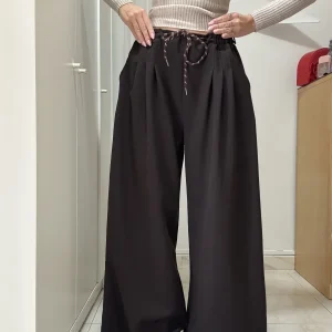 Pantalone Donna Palazzo in gabardine in lana – Modello Casual con Pinces e Coulisse in Vita, Taglia Unica