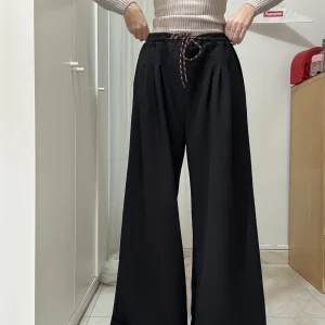 Pantalone Donna Palazzo in gabardine in lana – Modello Casual con Pinces e Coulisse in Vita, Taglia Unica