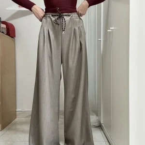 Pantalone Donna Palazzo in gabardine in lana – Modello Casual con Pinces e Coulisse in Vita, Taglia Unica
