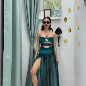 Set da Mare Donna con Costume Intero e Gonna a Pareo – Eleganza Estiva in Arancione o Verde Ottanio