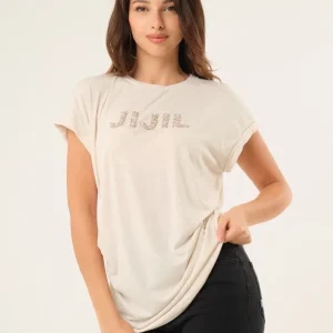 T-shirt in viscosa con applicazioni preziose