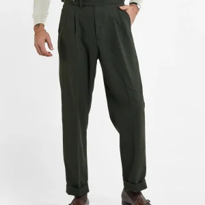 Pantalone Fondo Ampio e Fibbie Laterali in Flanella Spigata Verde Aspen