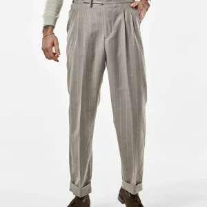 Pantalone Fondo Ampio e Fibbie Laterali in Lana Gessato Sabbia e Panna Matera