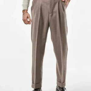 Pantalone Fondo Ampio e Fibbie Laterali in Lana Gessato Moro e Panna Vietri