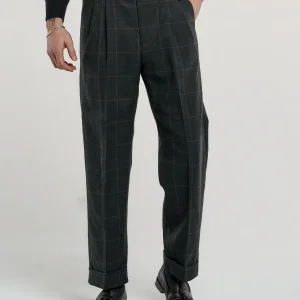 Pantalone Fondo Ampio e Fibbie Laterali in Lana Principe di Galles Grigio Scuro