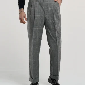 Pantalone Fondo Ampio e Fibbie Laterali in Lana Principe di Galles Grigio Chiaro