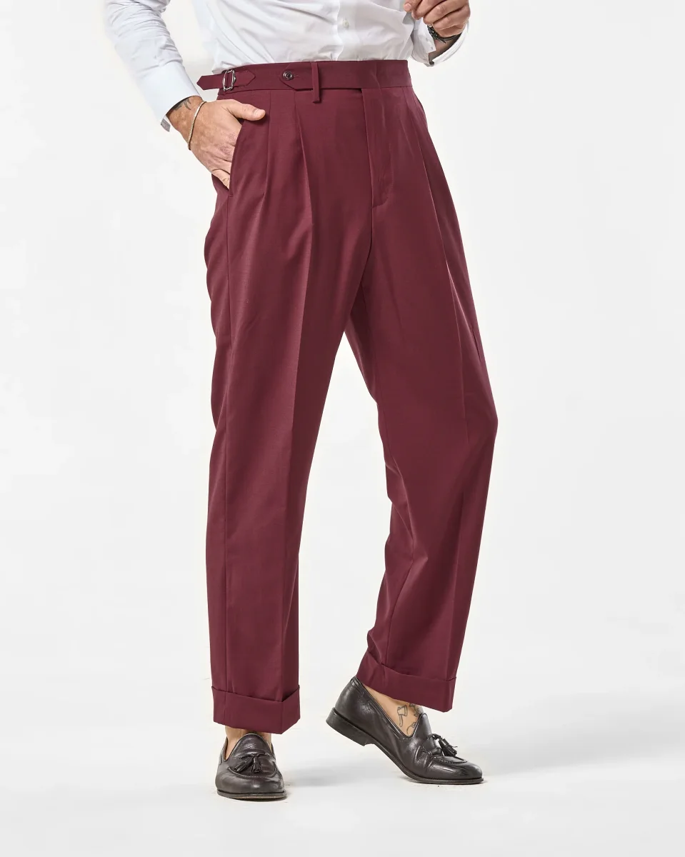 Pantalone Fondo Ampio e Fibbie Laterali Bordò Firenze - immagine 4