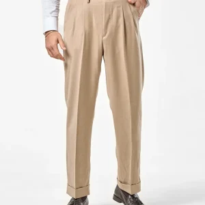 Pantalone Fondo Ampio e Fibbie Laterali in Lana Foulè Beige