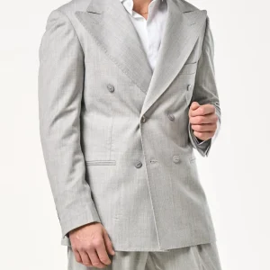 Giacca Doppiopetto in Lana Foulè con Abbottonatura Centrale e Rever a Lancia Grigio