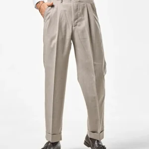 Pantalone Fondo Ampio e Fibbie Laterali in Lana Sabbia Foulè Norcia