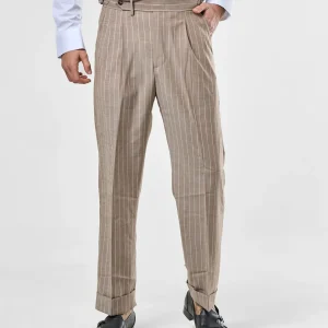 Pantalone Fondo Ampio e Fibbie Laterali Gessato Beige Porto Rotondo